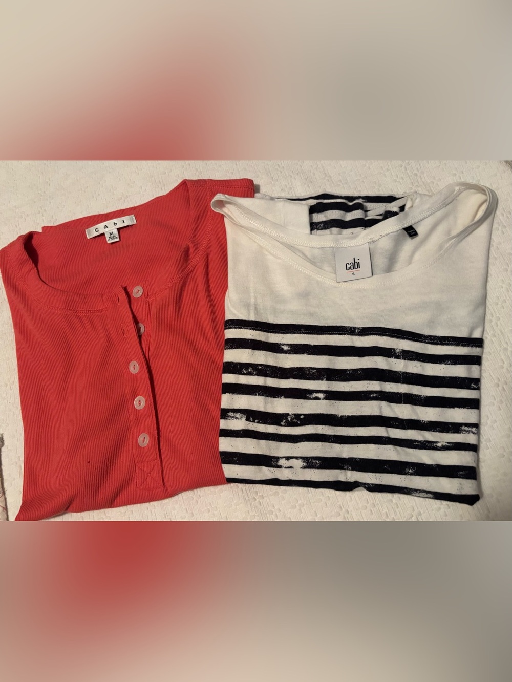 CAbi Coral Henley & Navy-Striped White Tee Duo